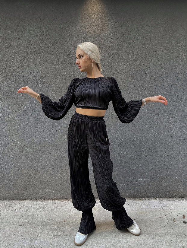 Black Satin Pleated Crop Top