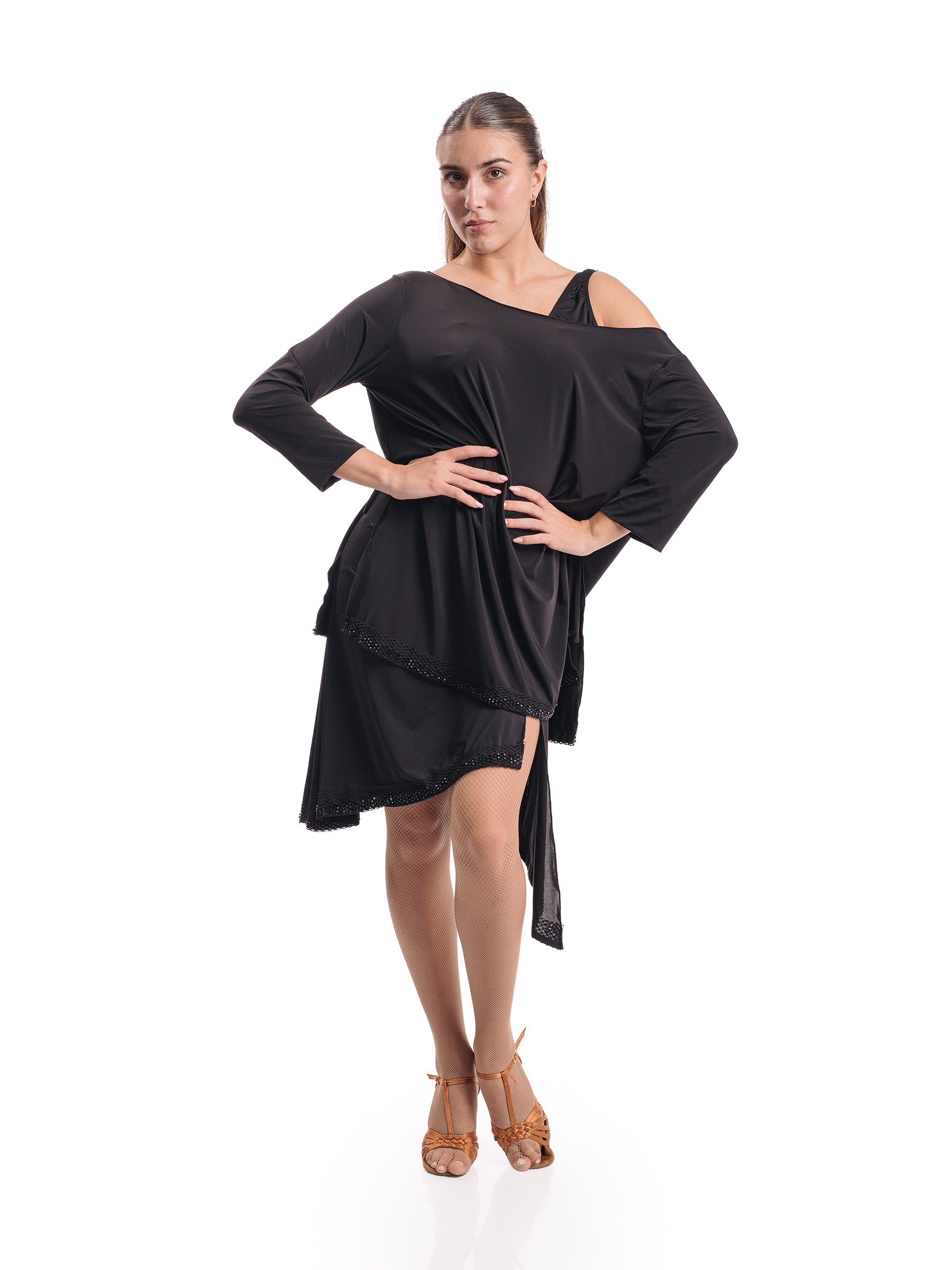 Venus Long Sleeve Tunic- Black With Crystals