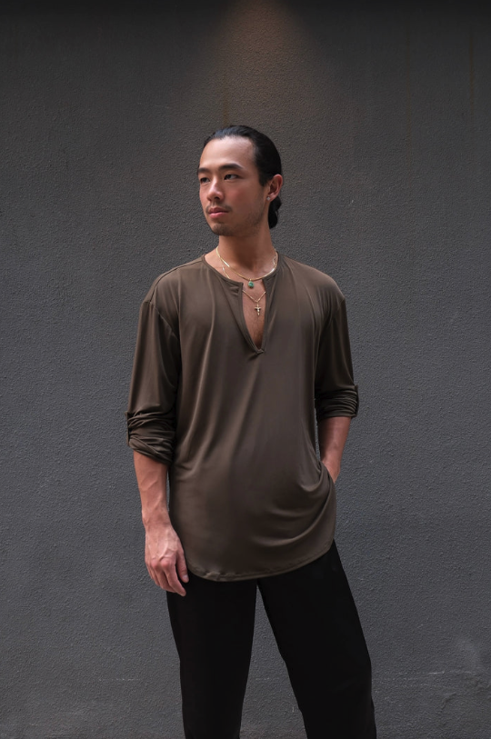 Olive Green Loose Fit V Shirt