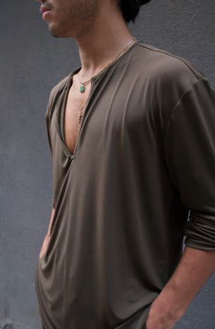 Olive Green Loose Fit V Shirt