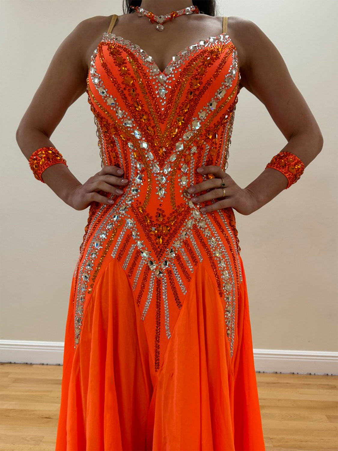 Orange Smooth Competition Dress with Crystal Details