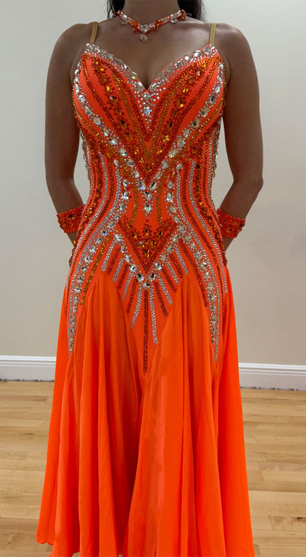 Orange Smooth Competition Dress with Crystal Details