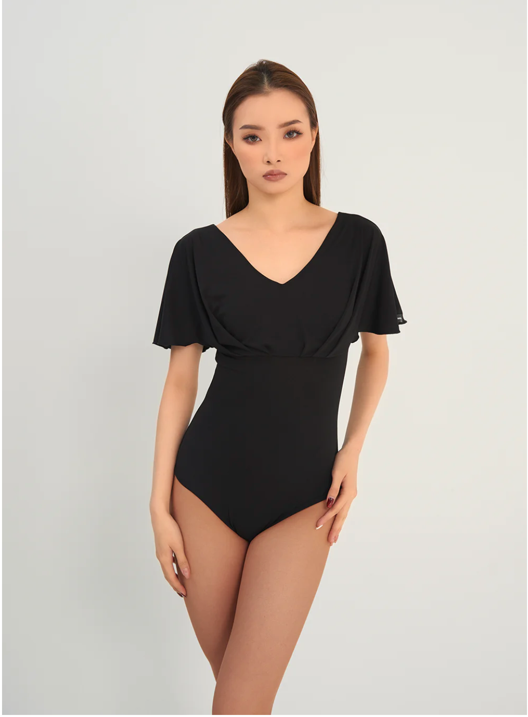 Black V-Neck Ruffle Leotard