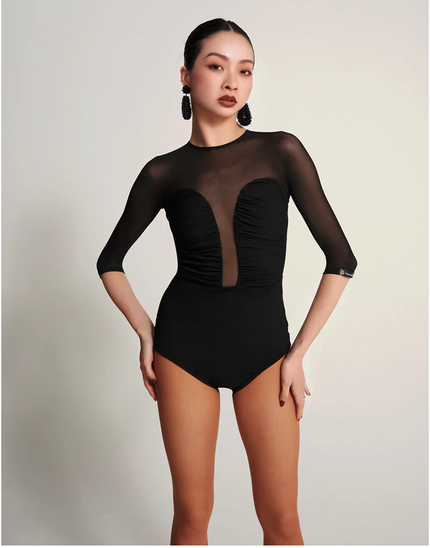 Black Ruffle Mesh Long Sleeve Leotard