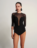 Black Ruffle Mesh Long Sleeve Leotard