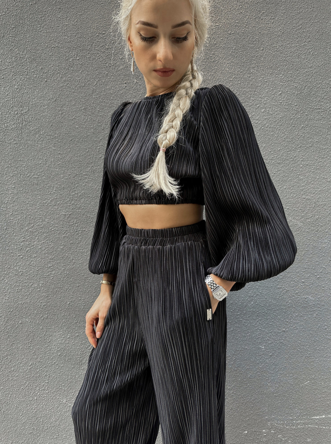 Black Satin Pleated Crop Top