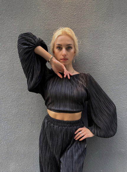 Black Satin Pleated Crop Top