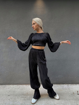 Black Satin Pleated Crop Top