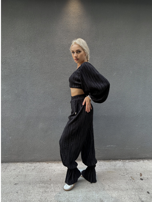 Black Satin Pleated Crop Top