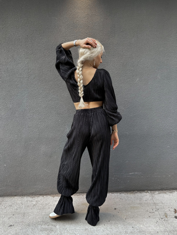 Black Satin Pleated Pants