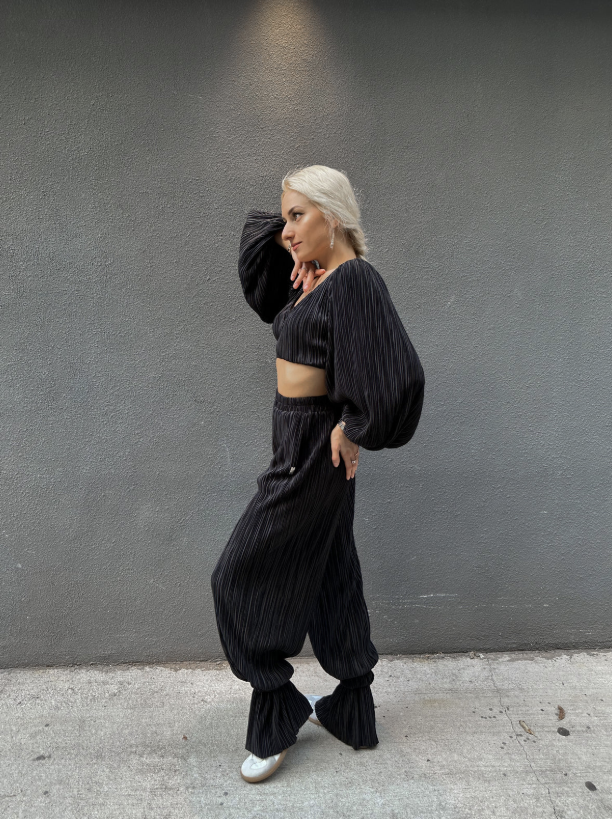 Black Satin Pleated Pants