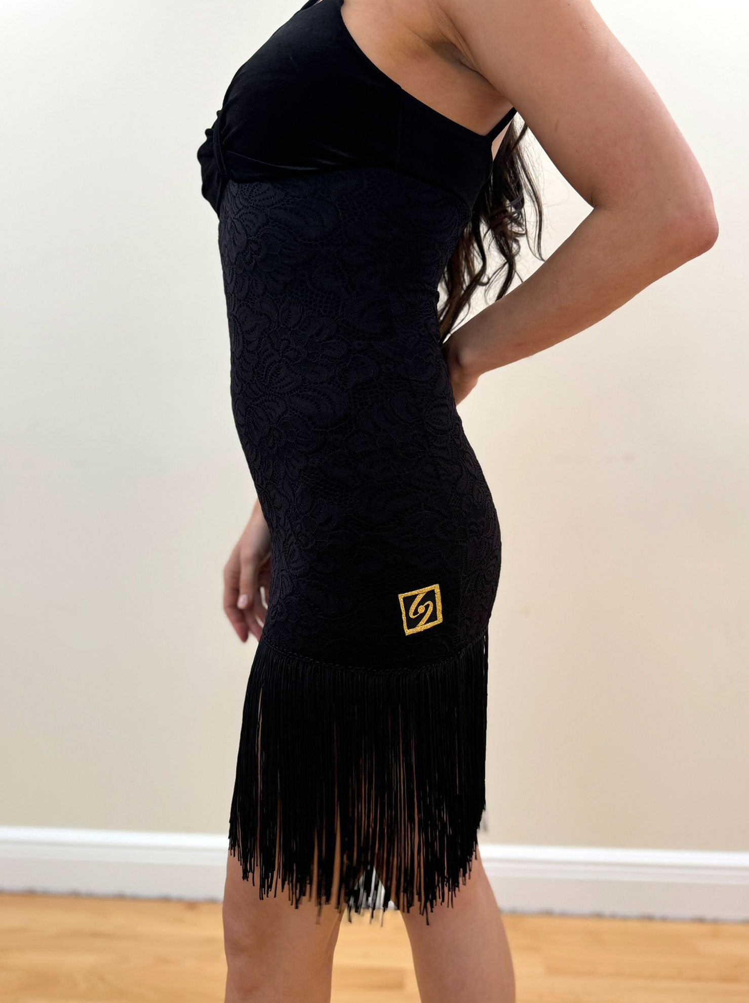 Velvet and Lace Dress with Fringe